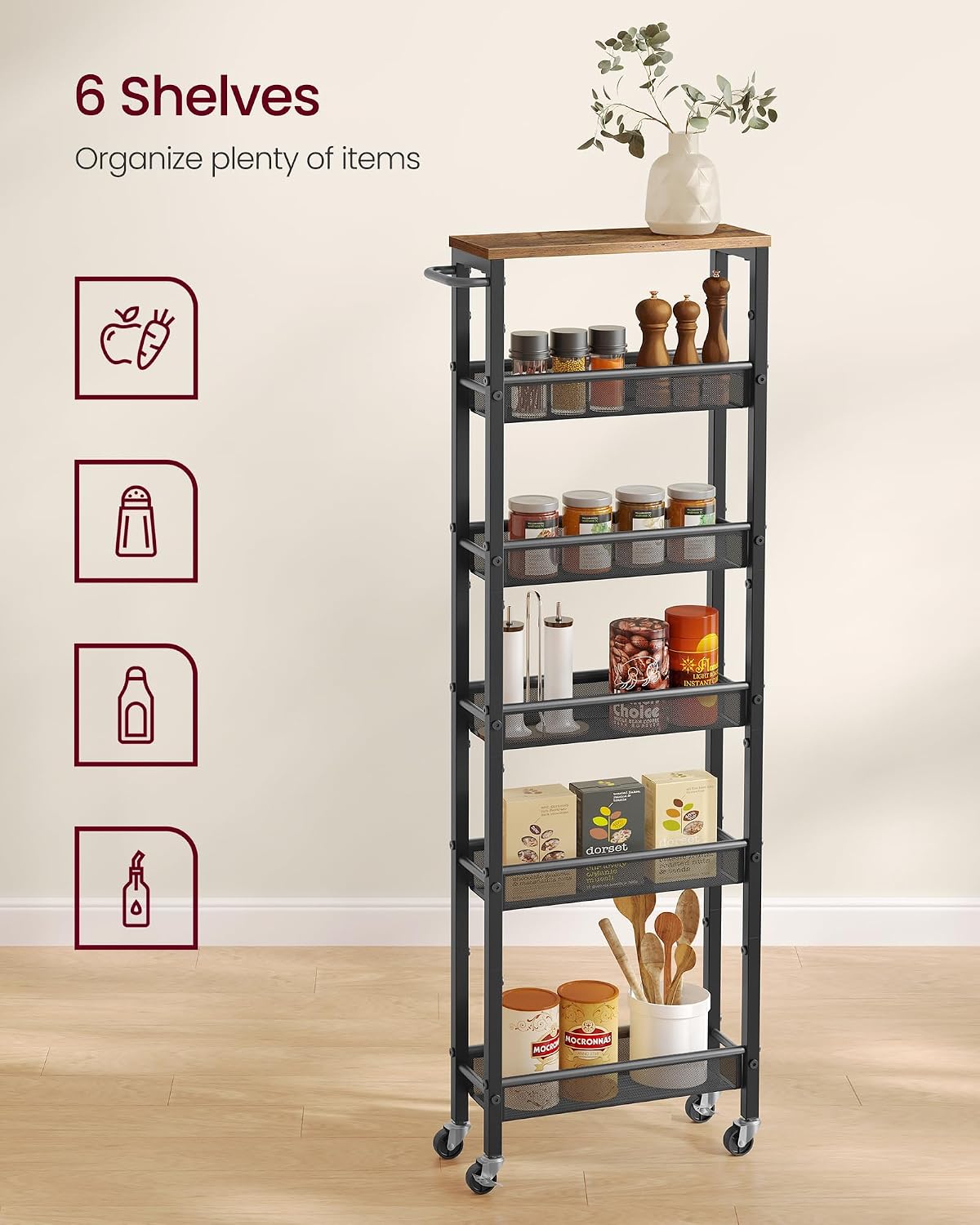 VASAGLE Slim Storage Cart, 6-Tier Rolling Utility Cart, Skinny Shelf for Kitchen Pantry, Narrow Bathroom Organizer, 17.9 x 5.9 x 51.7 inch, Rustic Brown and Matte Black, Dacey Collection ULRC038K101