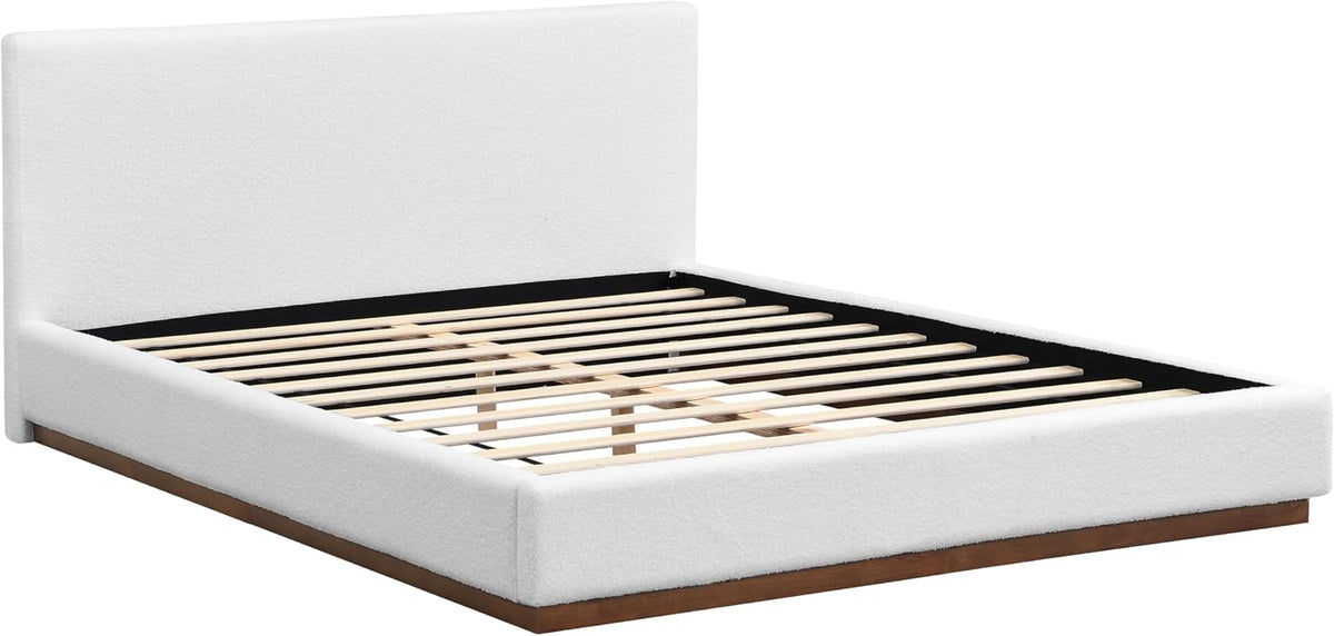 Christopher Knight Home Bettine Modern Boucle Queen Size Bed Frame with Headboard, Solid Wood Queen Bed Frame, Slat Panel Support Platform Bed, No Spring Box Needed, Heavy Duty, White+Brown