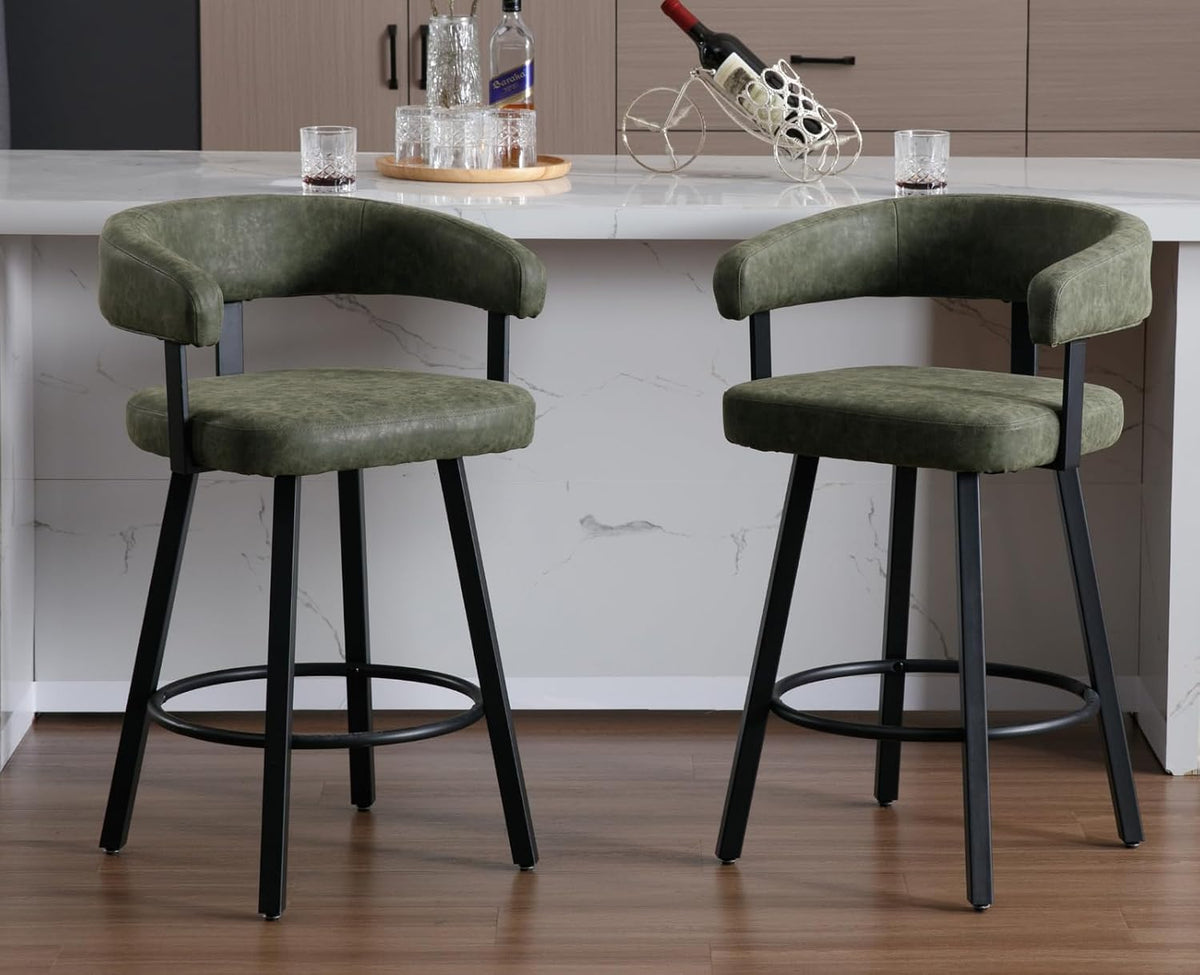 Shunzhi Modern Green Counter Height Bar Stools Set of 2 Leather Barstools with Backs/Metal Legs/Footrest Upholstered Counter Stools Comfy Bar Chairs for Dining Room/Home Bar/Kitchen Island/Pub,25 Inch