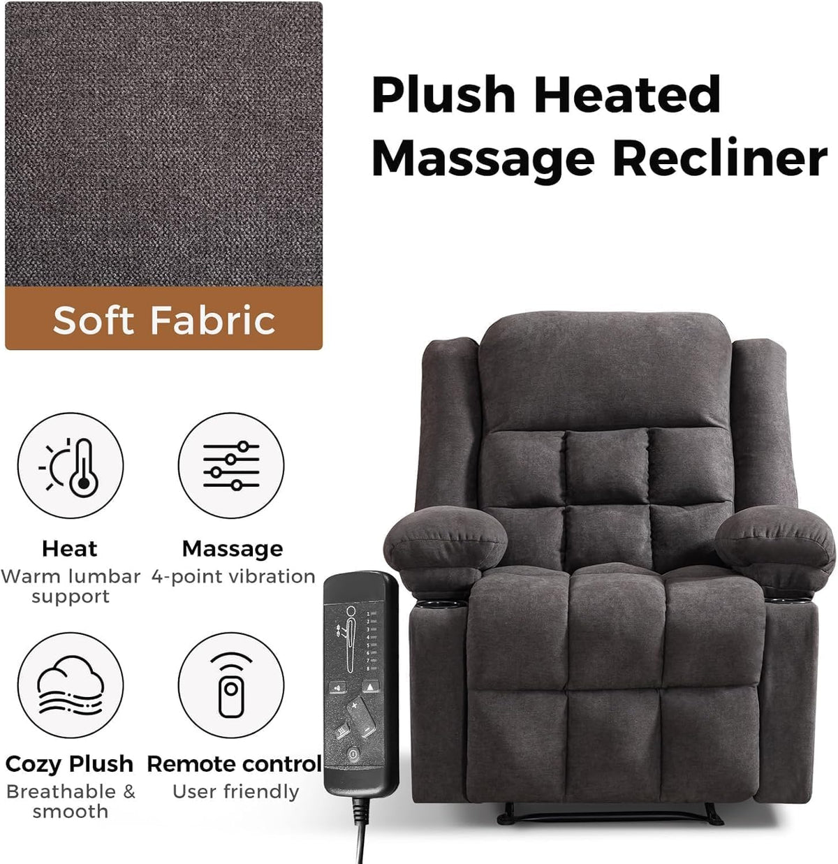 HAOMARKETS Classic Manual Recliners with Massage and Heat for Adults, Breathable Fabric Recliner Chair with 2 Cup Holders & Side Pockets, Overstuffed Heavy Duty Reclining Sofa for Living Room, Grey