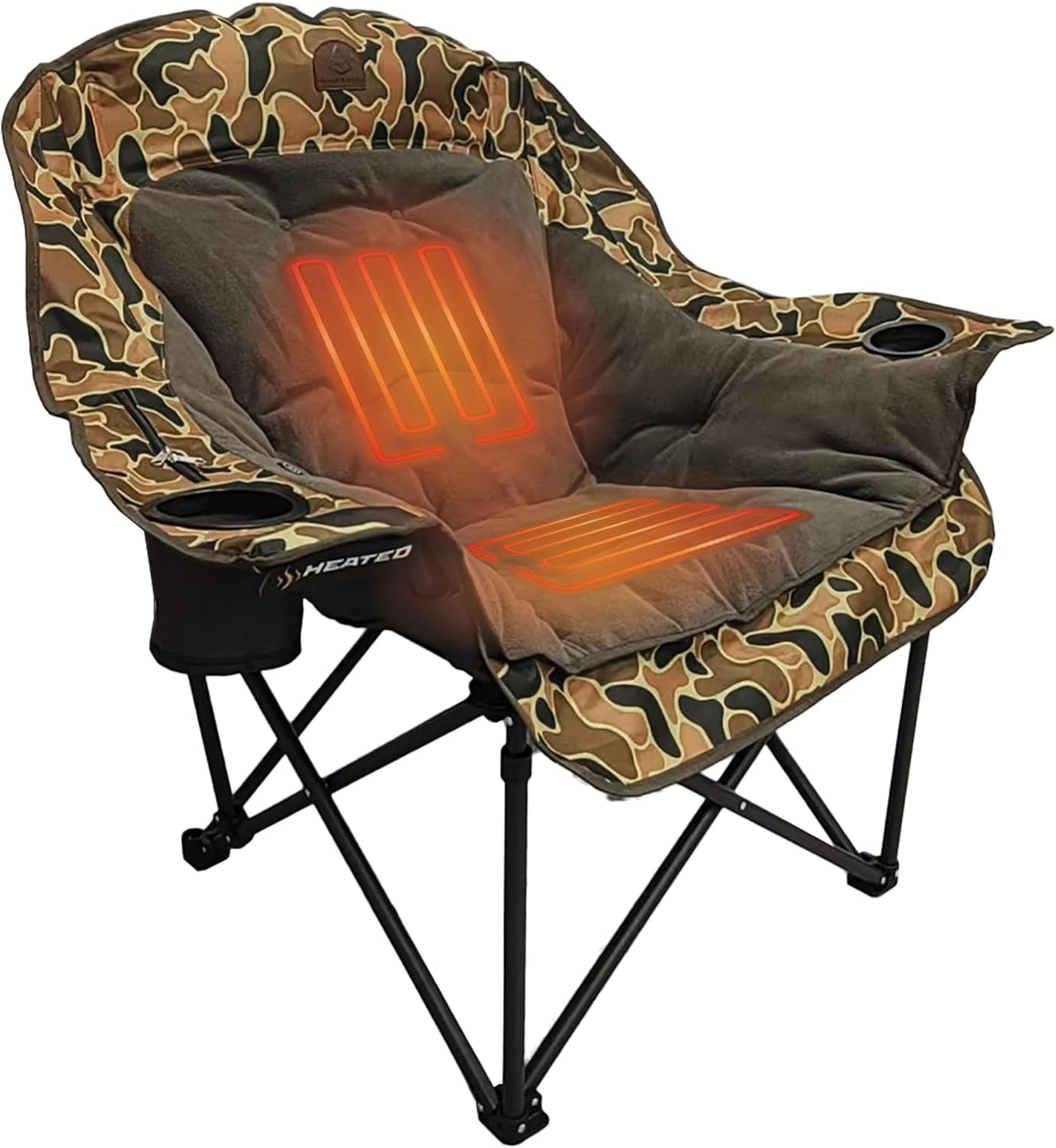 Black Sierra Heated Plush Fleece XL Padded Camping Chair for Adults, Oversized Heavy Duty Folding Seat with 3‑Level Heat & Battery Pack, Supports 400 lbs, Cup Holders & Carry Bag for Camping & RV