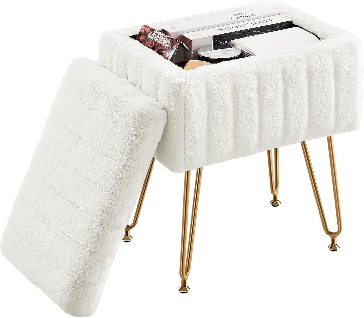 DUMOS Vanity Stool Chair Ottoman with Storage, Makeup Cute Soft Small Footstool Modern Style Faux Fur Seat with 4 Metal Legs & Adjustable Feet for Dressing Living Room Bedroom Dorm