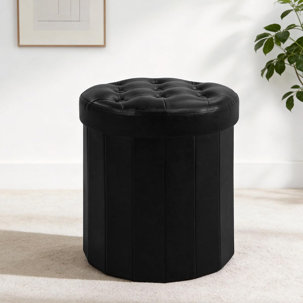 CAROLMADE Round Storage Ottoman, PU Leather Folding Footrest Stool with Thicker Foam Padded Seat, Versatile Vanity Stool for Living Room, Bedroom or Dorm, Black