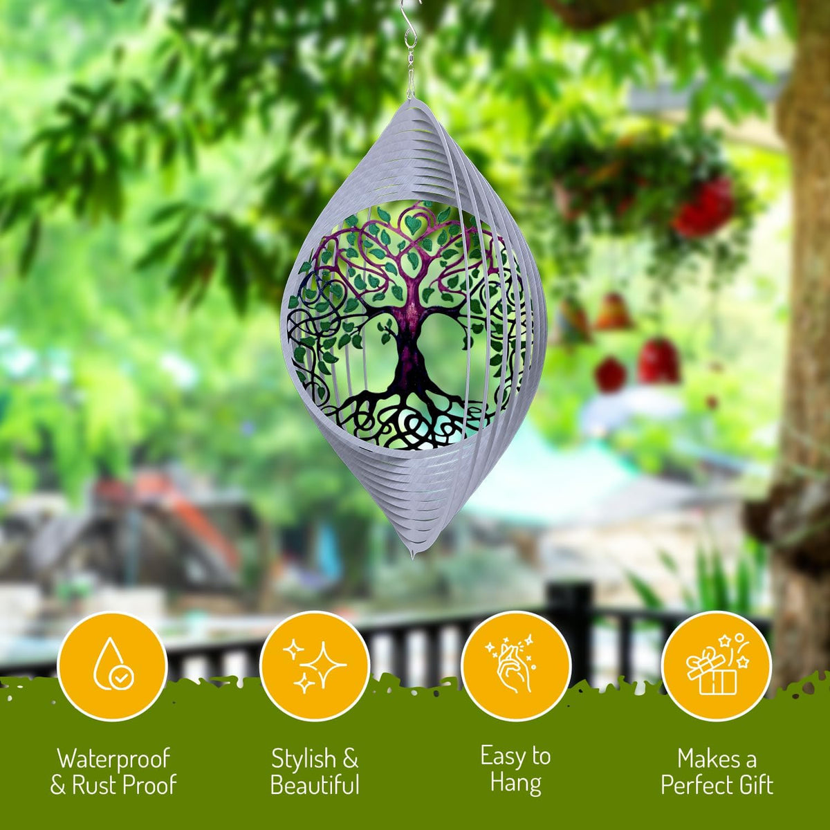 ISEO Tree of Life Wind Spinner for Yard and Garden, Hanging Outdoor Decor, Yard Art, Porch and Patio Decorations, Metal Wind Spinners Outdoor, Weather Resistant, 15”
