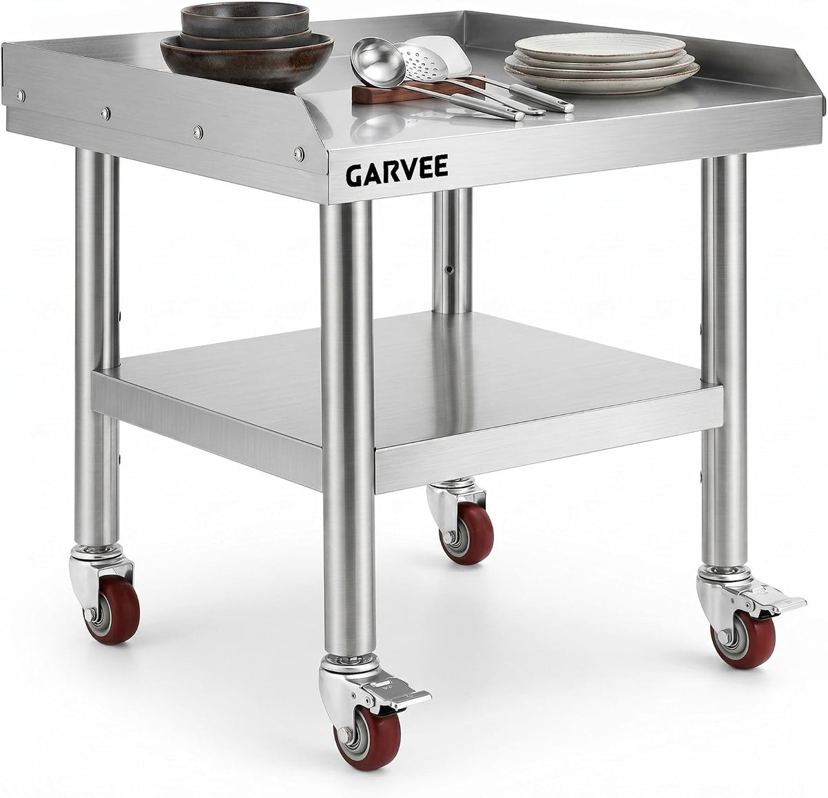 Garvee Stainless Steel Equipment Stand 24x24 Inch with Wheels Mobile Commercial Grill Table NSF Certified Heavy Duty with Adjustable Undershelf and Casters