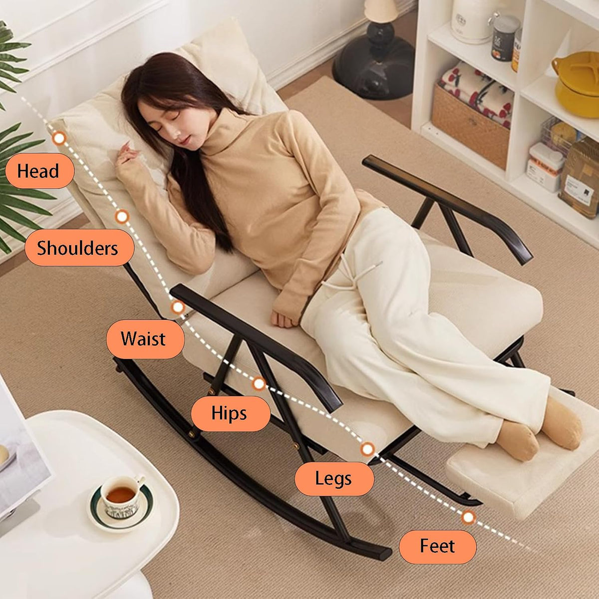 Single Rocking Chair with a Retractable footrest, Armchair with Adjustable backrest, Corduroy Upholstery, Suitable for Living Room, Balcony, and Bedroom Beige