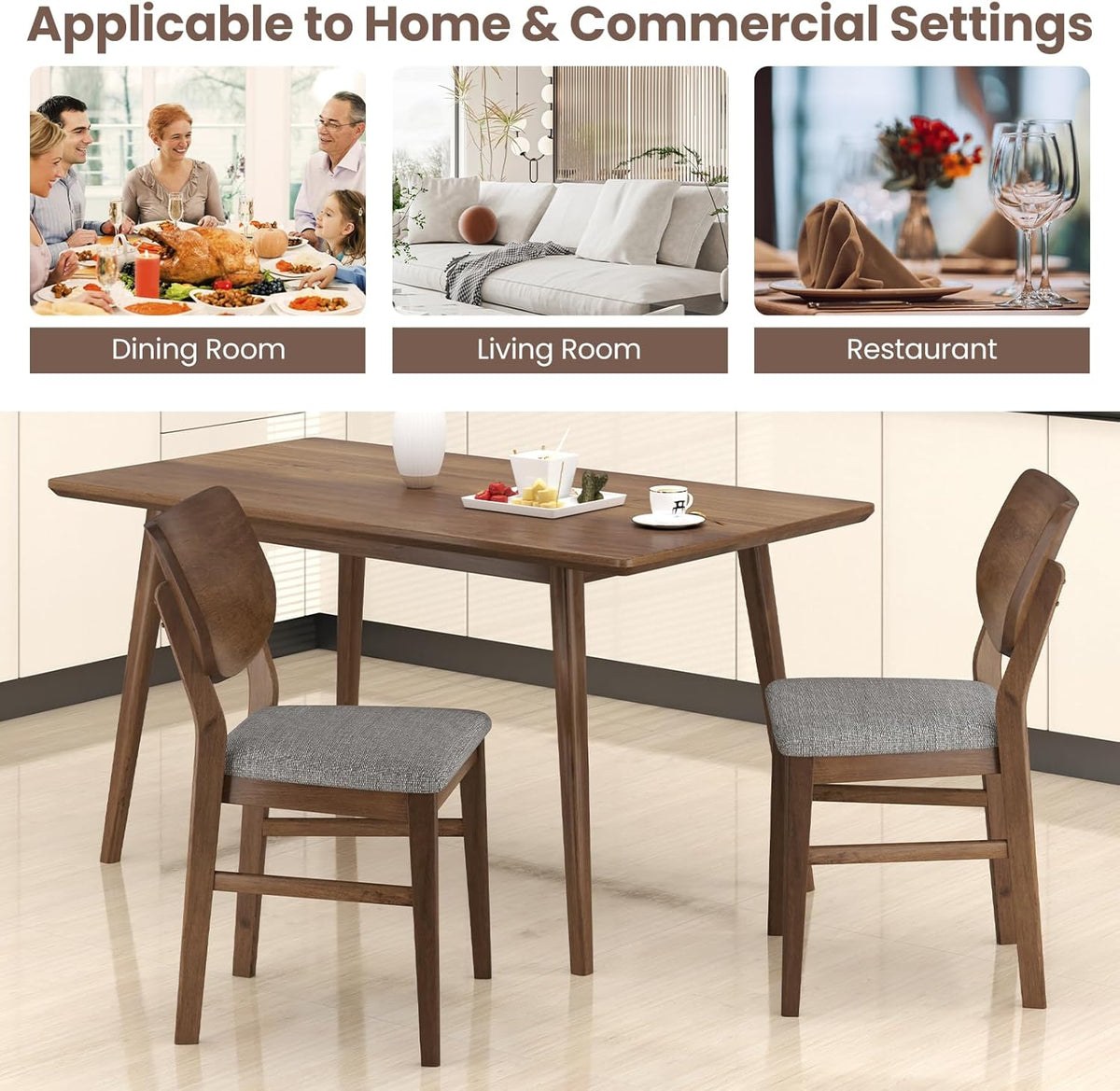 Giantex Wooden Dining Chairs Set of 4, Farmhouse Upholstered Kitchen Chairs w/Rubber Wood Frame, Gray Padded Seat, Curved Back, Armless Fabric Side Chairs for Dining Room, Living Room
