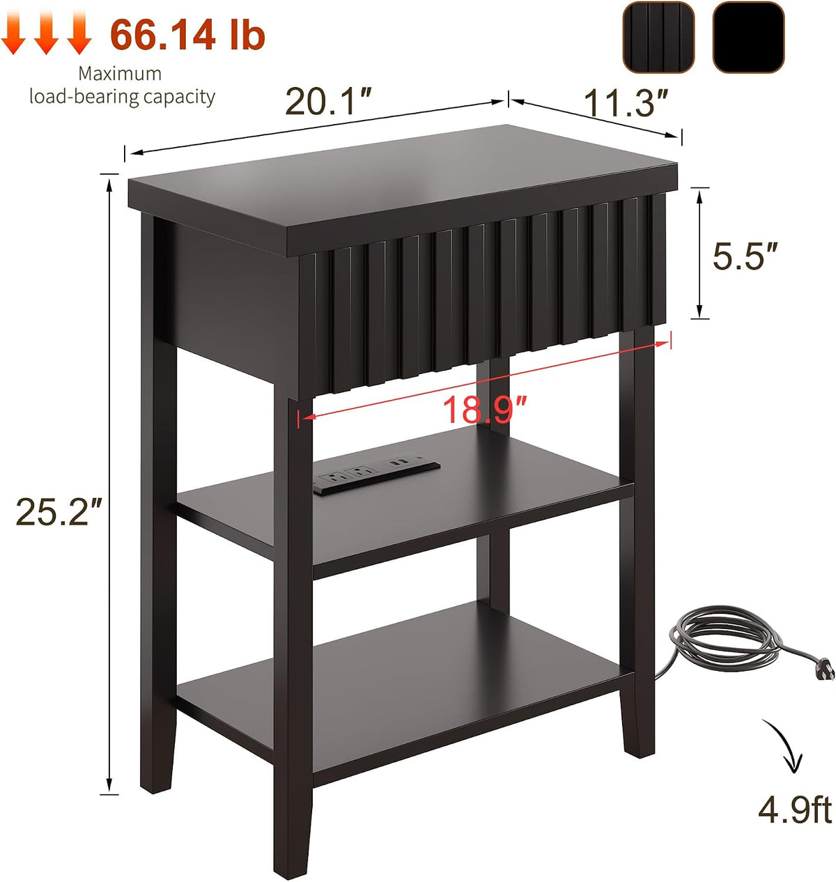 3imothrix Narrow End Table with Charging Station, Fluted Side Table with Drawer for Small Space, Modern Nightstand with Storage Shelves for Living Room Bedroom, Black