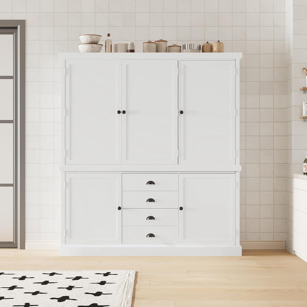 73" Freestanding Kitchen Pantry Organizer - Wooden Storage Unit with 4 Shelved Compartments, 4 Storage Bins & 8 Adjustable Shelves for Dining Room Kitchen Organization (White19)