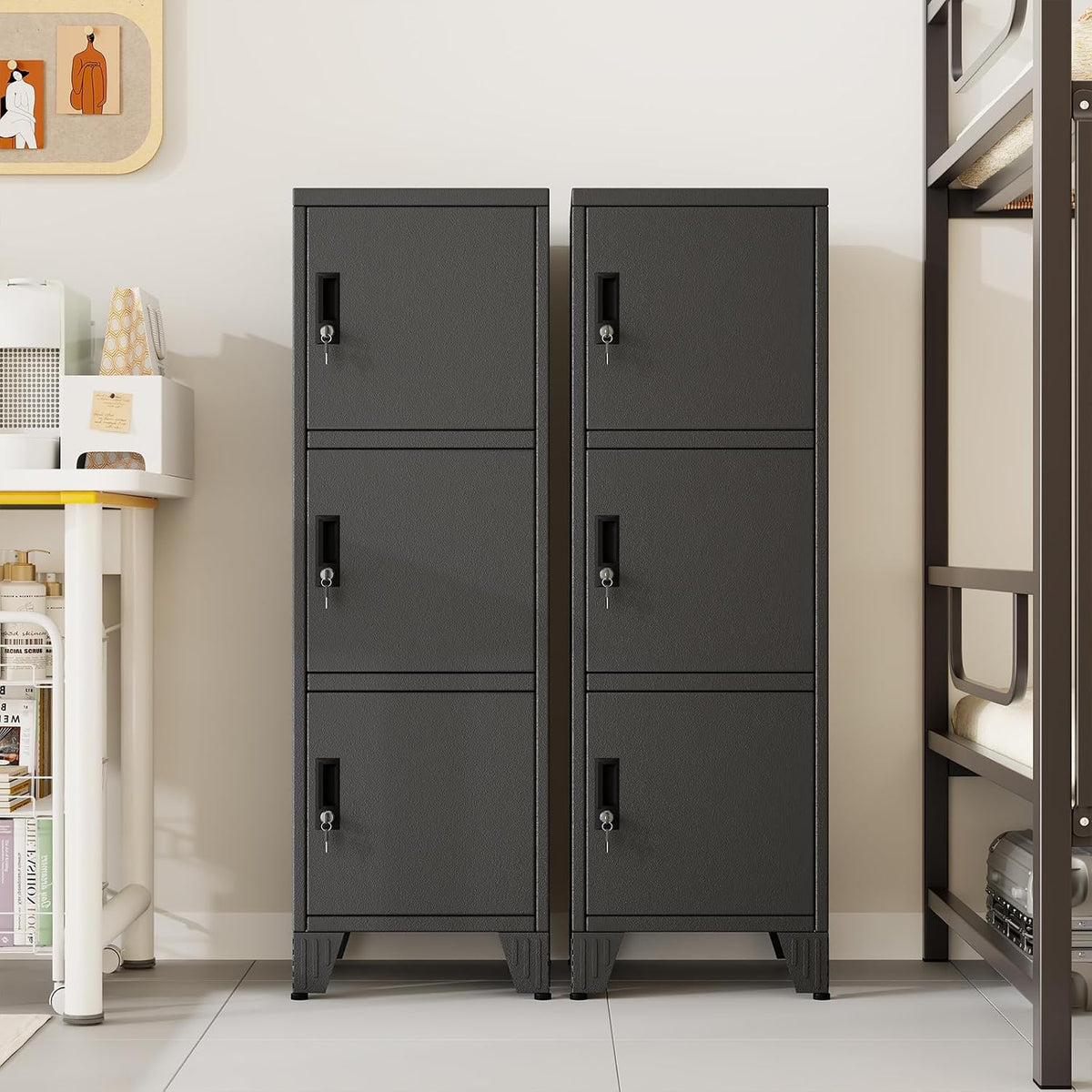 Metal Lockers for Employees-3 Doors Storage Locker with Shelves and Lockable Steel Cabinet for School,Gym,Office,Staff,Assembly Required,Black