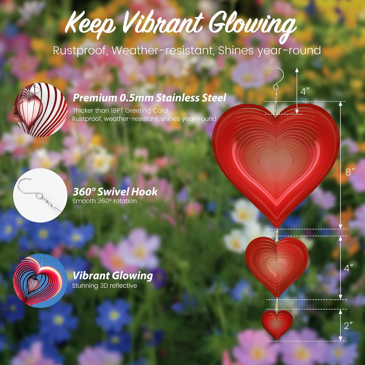 Wind Spinners Outdoor, 3D Red Hearts Hanging Wind Spinners, 14 inches, Kinetic, Stainless-Steel Metal, Smooth Spinning, Indoor and Outdoor Decoration for Garden, Patio, Yard, Gift for Women Mom Wife