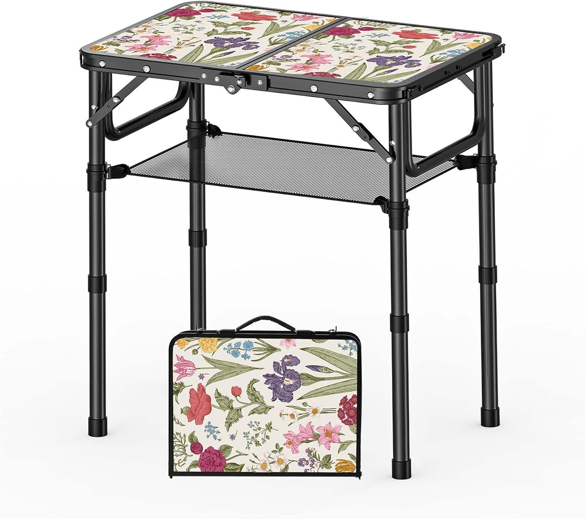 YihuiKo Small Camping Table, Vintage French Flowers Pattern Folding Table | Adjustable Height, Lightweight Portable Folding Table for Patio Living Room Travel Picnic, Carry Handle, Storage Net