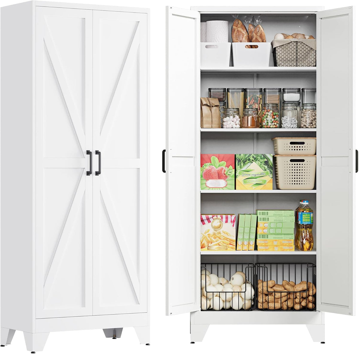 PEUKC 75" Farmhouse Metal Storage Cabinet with Doors and 4 Adjustable Shelves, Large Pantry Organizer for Kitchen, Dining Room, and Living Room,Assemble Require(White)