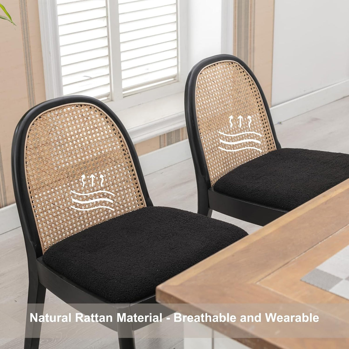 HEAH-YO Rattan Dining Chairs Set of 2, Upholstered Sherpa Dining Room Chairs with Backrests, Modern Kitchen Chairs with Wood Legs for Dining Room, Black