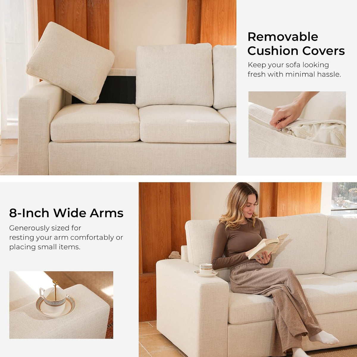 ELUCHANG 113" V-Shaped Modular Sectional Sofa Couch, Modern 7-Seat Comfy Linen Deep Seat Sofa with Corner, Removable Cover, Easy Assembly, Large Sofas & Couches for Living Room, Office, Beige