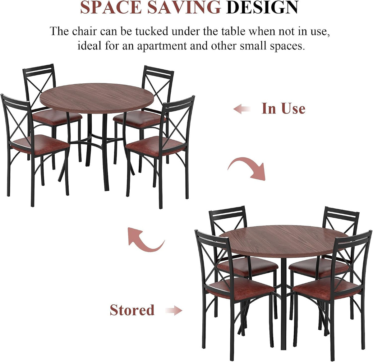 VECELO 5 Piece Dining Table Set for 4, Wood Grain Dinette with Chairs for Kitchen, Breakfast Nook, Small Space, Dark Brown