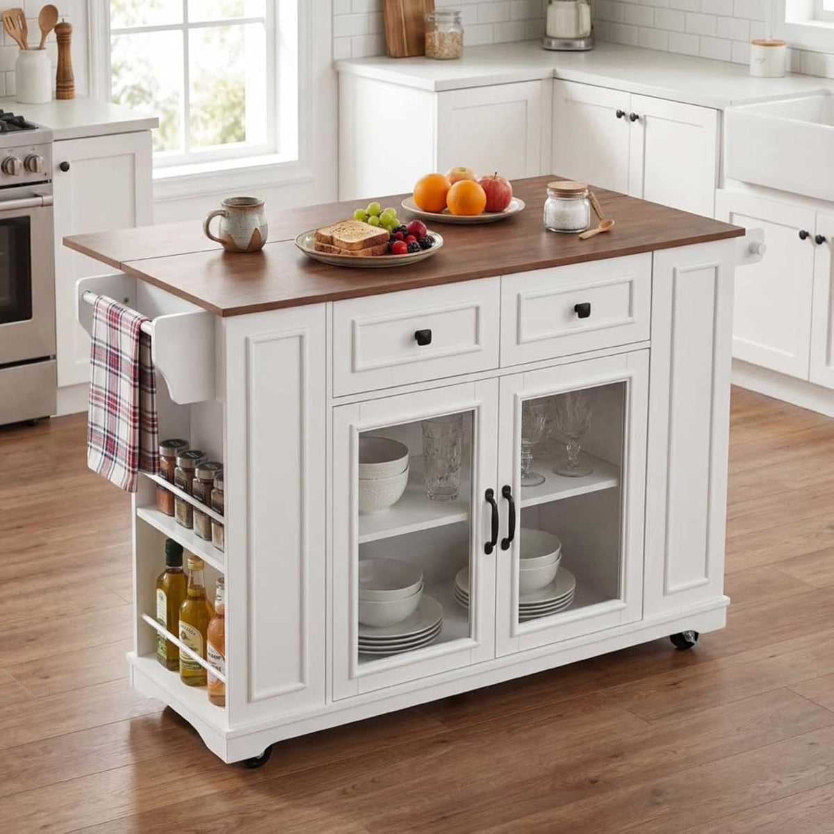 Kitchen Table with Storage with Internal Storage Rack, Power Outlet and Open Shelves, Moveable Kitchen Island with Spice Rack, for Kitchen, Dining