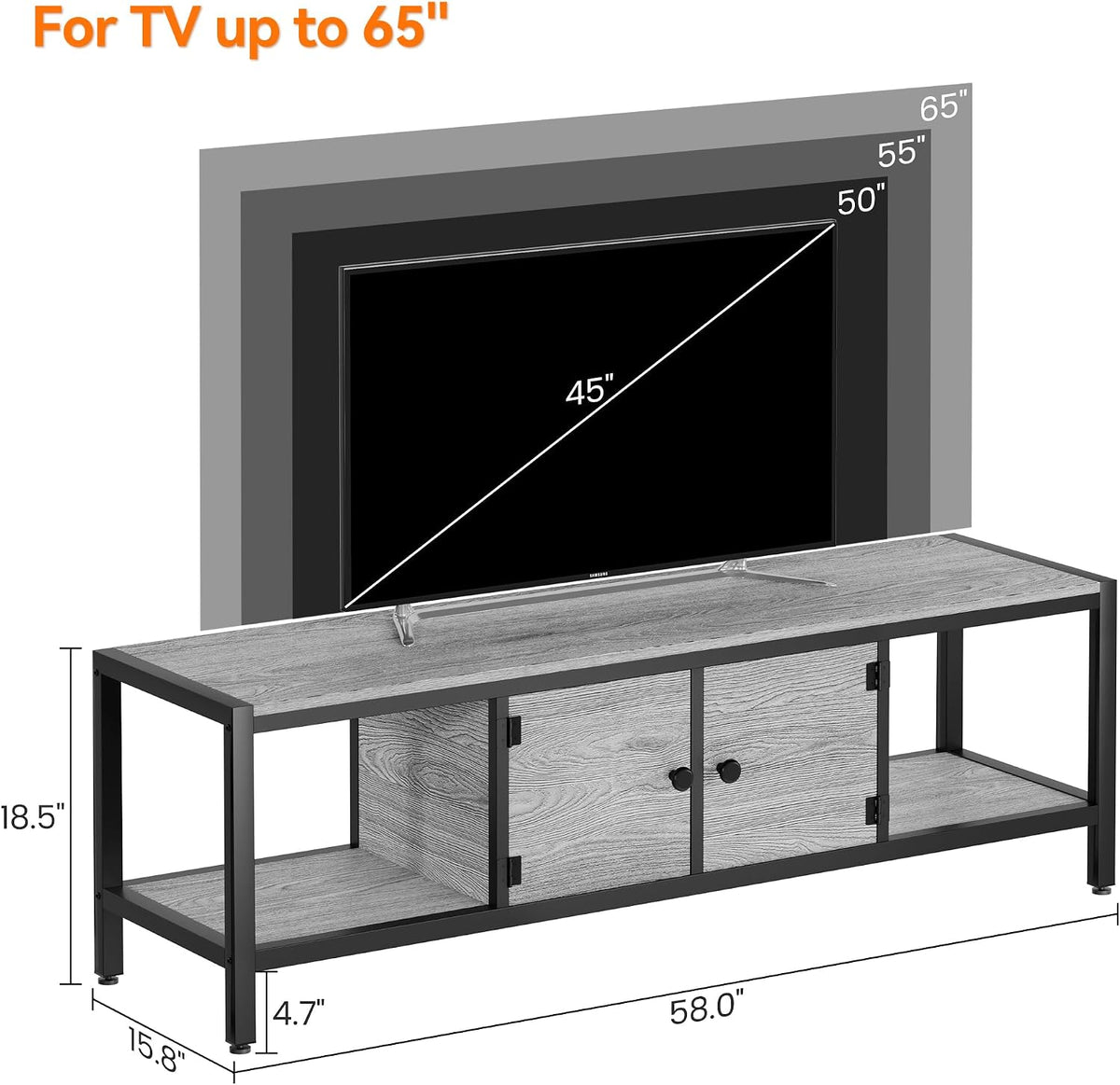 GarveeHome 58 in TV Stand with Storage, Entertainment Center with Adjustable Legs, TV Console up to 65 in, Wooden TV Stand with Open Shelves for Living Room, Bedroom, Light Grey