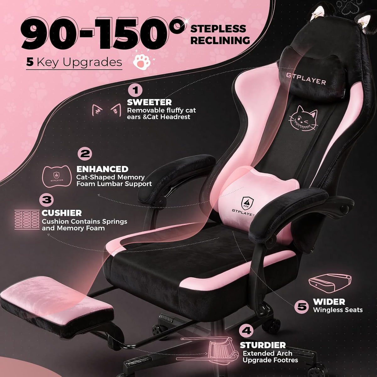 GTPLAYER Pink Gaming Chair Cute with Cat Ears Ergonomic Computer Chair with Cat Embroidery Adjustable Memory Foam Lumbar Support and Headrest Comfortable Reclining Office Chair Soft Velvet Fabric