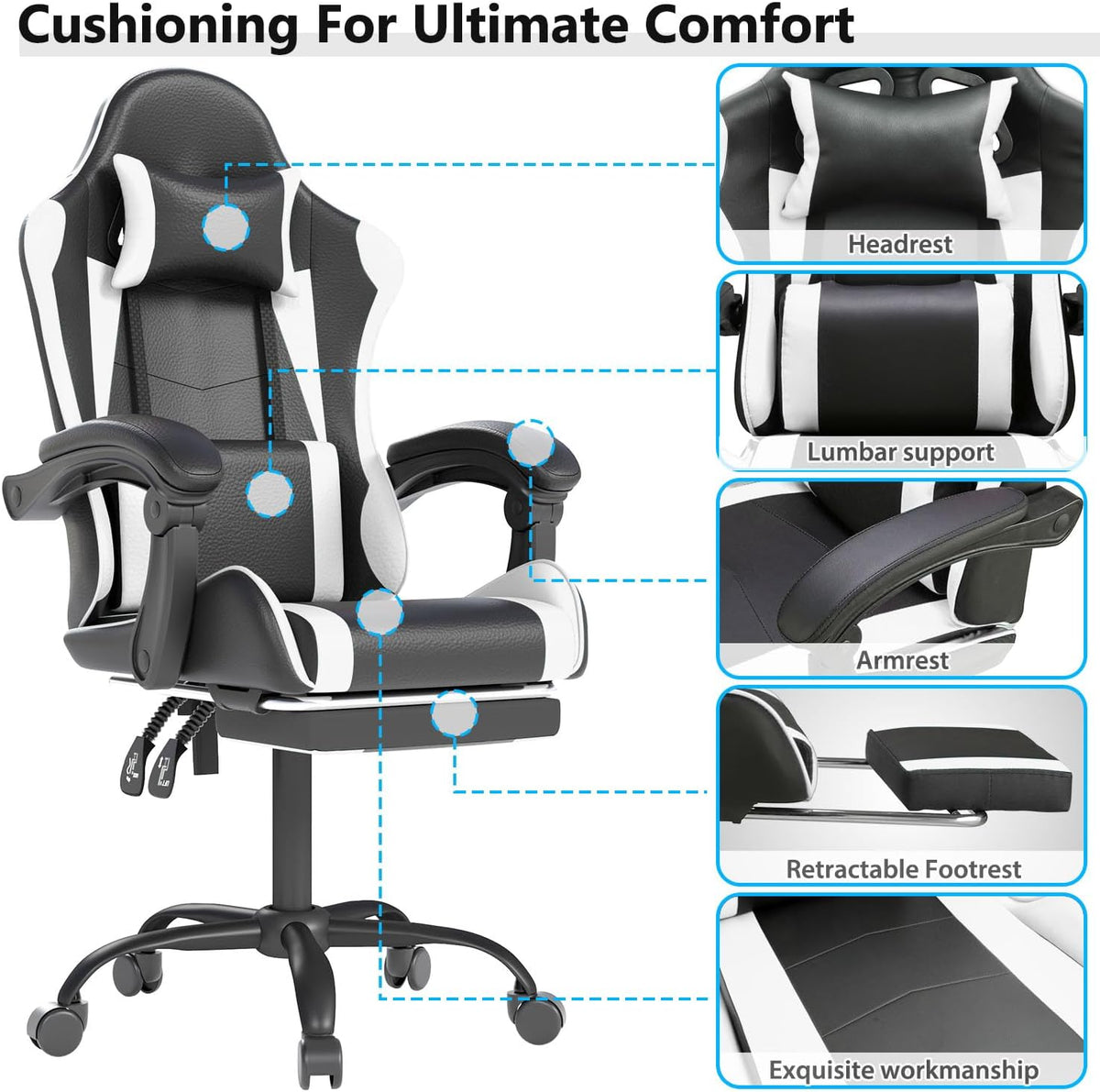 OS MOTOR Gaming Chair with Headrest and Lumbar Support, White | Ergonomic High Back Office Chair, Racing Style Executive Computer Desk Chair, Leather Adjustable Swivel Task Chair, Home