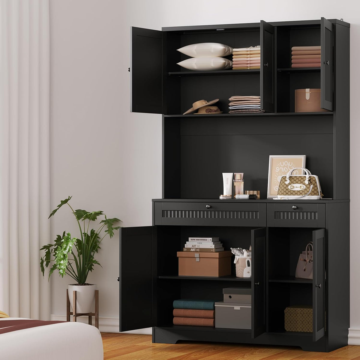 Pantry Storage Cabinet with Charging Station, Kitchen Storage with Adjustable Shelves, Food Pantry Cabinet with Coffee Bar Storage, Modern Kitchen Cupboard for Dining Room, Living Room, Black