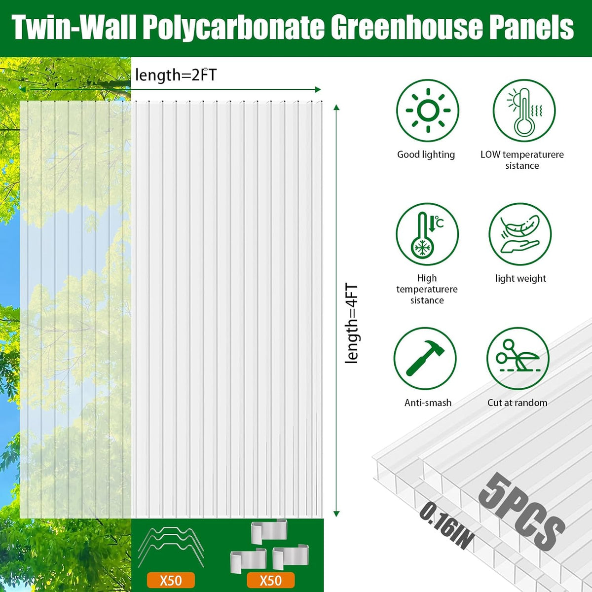 Polycarbonate Greenhouse Panels 5 Pack 4' x 2' x 0.16" Twin-Wall UV-Protected All Weather Plastic Roof Panel Clear Replacement Sheets for Garden Fences, Furniture DIY,Outdoor Roofing