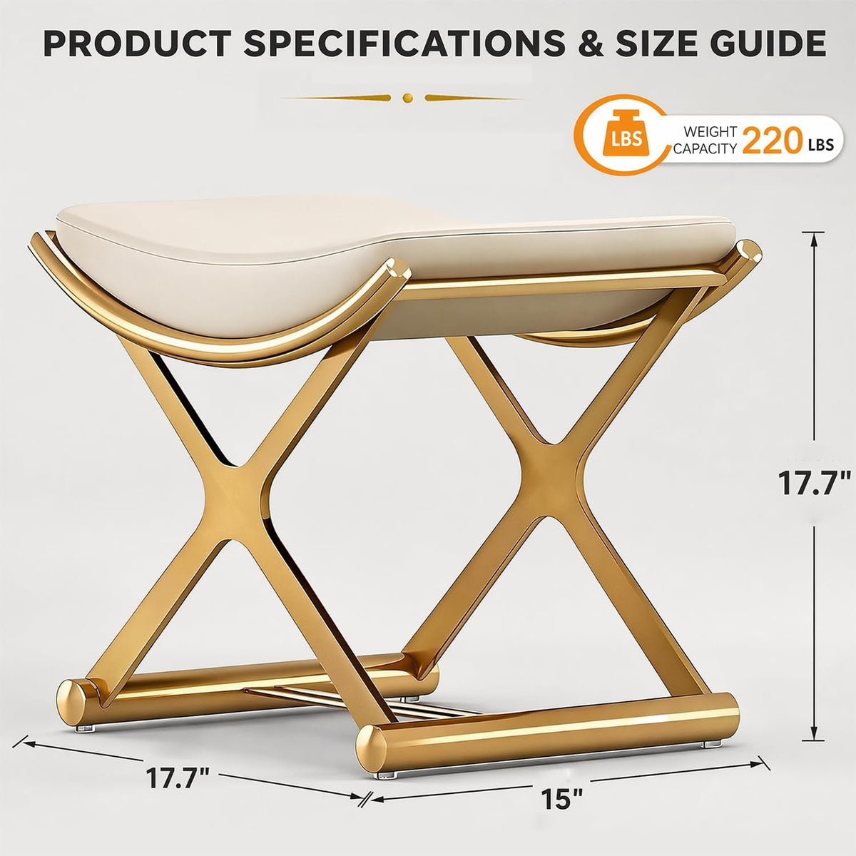 Makeup Vanity Stool Chair - Small Backless Leather Ottoman Bench Gold | With Cushioned Seat and Metal X-Frame for Vanity Desk, Bathroom, Bedroom and Dressing Room