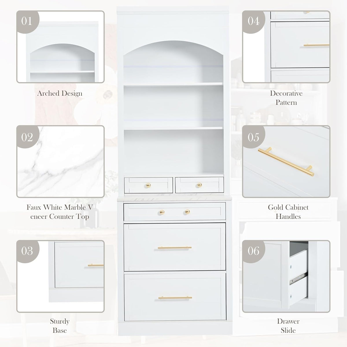 Mirightone 83.7Inch Tall Kitchen Pantry Cabinet, Corner Cabinet with 5 Storage Drawers and Adjustable Shelf, Freestanding Kitchen Pantry with Faux Marble Top. White