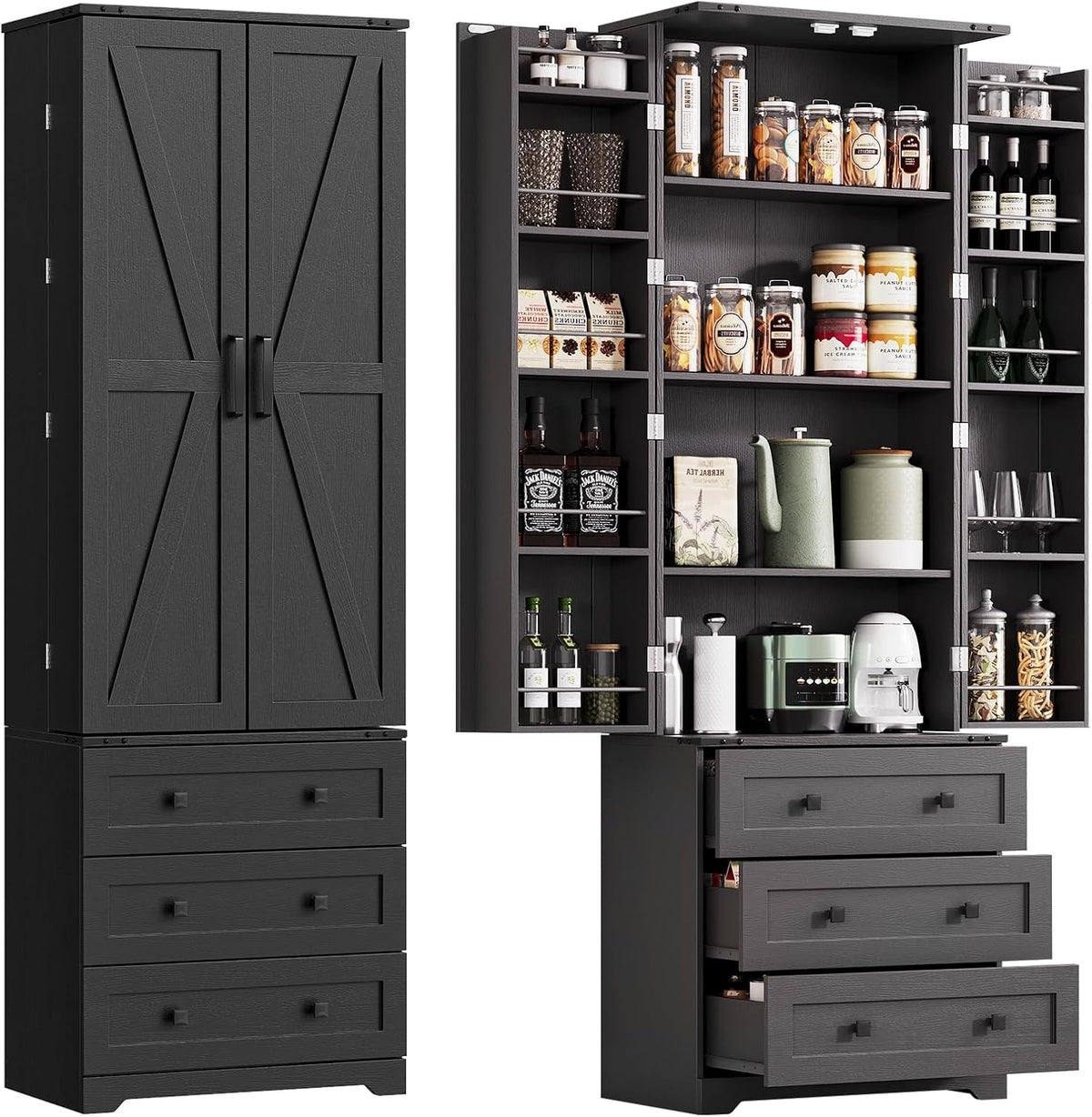 72'' Tall Kitchen Pantry Cabinet, Freestanding Tall Cupboard Storage Cabinet with 2 Barn Doors & 3 Drawers, Adjustable Shelves, Large Farmhouse Pantries for Living Room, Dining Room