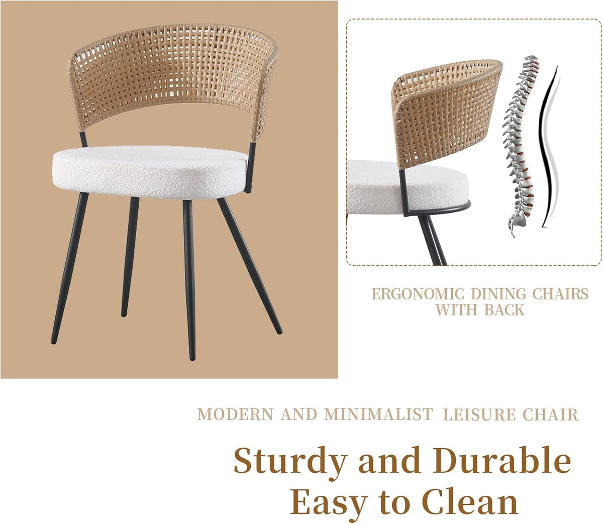 Rattan Dining Chairs Set of 4, Wing Back Dining Chairs Set of 4, PE Wicker Chairs, Cane Back Kitchen Chair with Boucle Cushion,Boucle Seat with Metal Legs for Kitchen, Bedroom