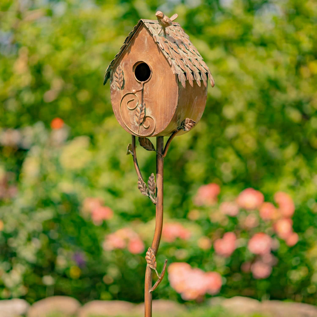 Copper Color Bird House Garden Stake with Ornate Style Roof (Round Bottom)