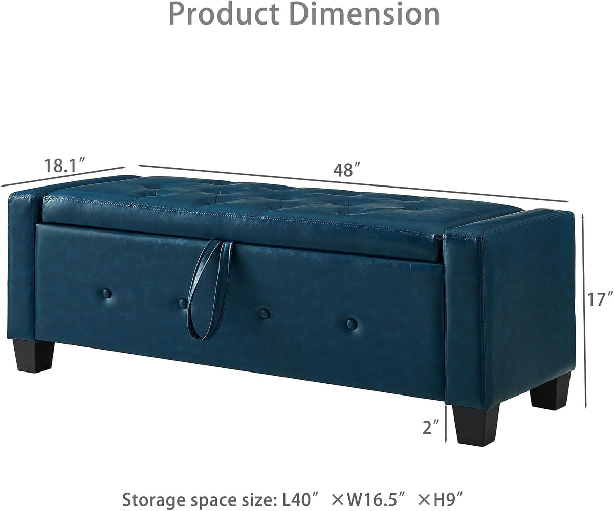 Furniliving Storage Bench, 48‘’ Upholstered PU Leather Ottoman Bench with Button-Tufted, Folding Bedroom Bench with Wood Legs, Entryway Bench for Bedroom, Navy Blue