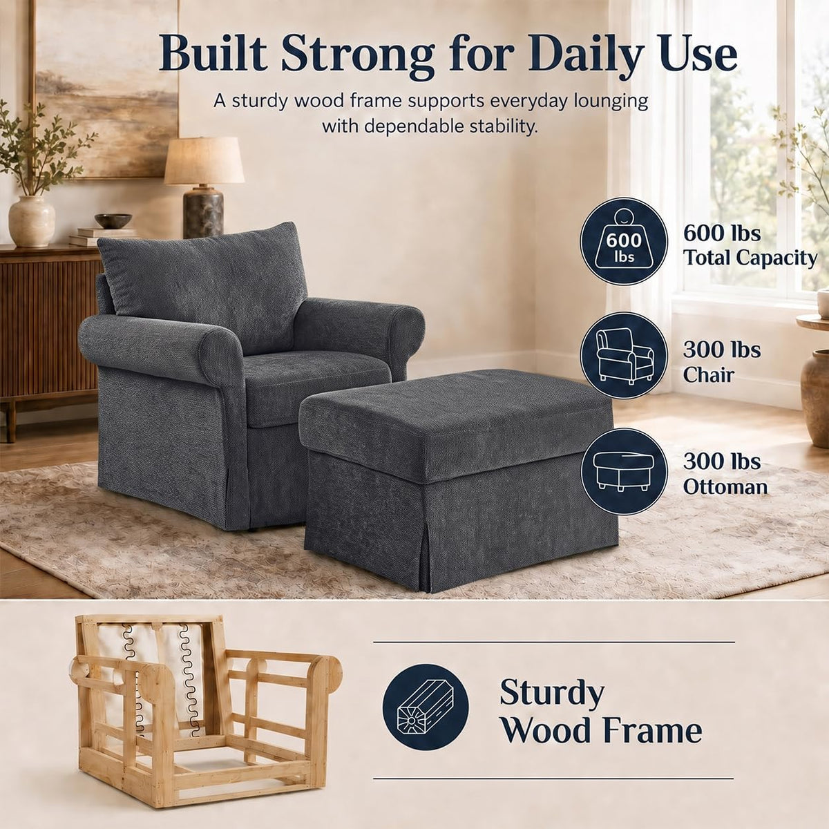 35.82" Oversized Accent Chair with Ottoman, Chenille Armchair, Gray | Accent Chair with Ottoman Set; Deep seat for relaxing; soft chenille; comfy back support; footrest ottoman; living room