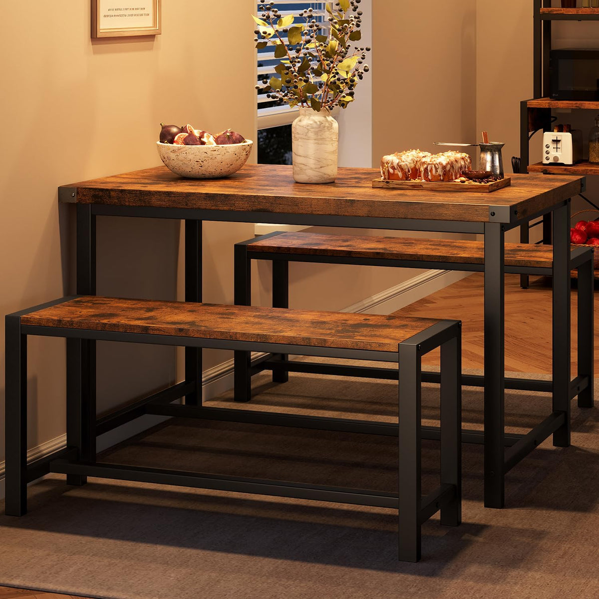 GAOMON Dining Table Set for 4, Wooden Kitchen Table with 2 Benches, 3 Piece Rectangular Dining Room Set, Space Saving Kitchen Tables Sets for Apartment, Small Space, Home, Rustic Brown