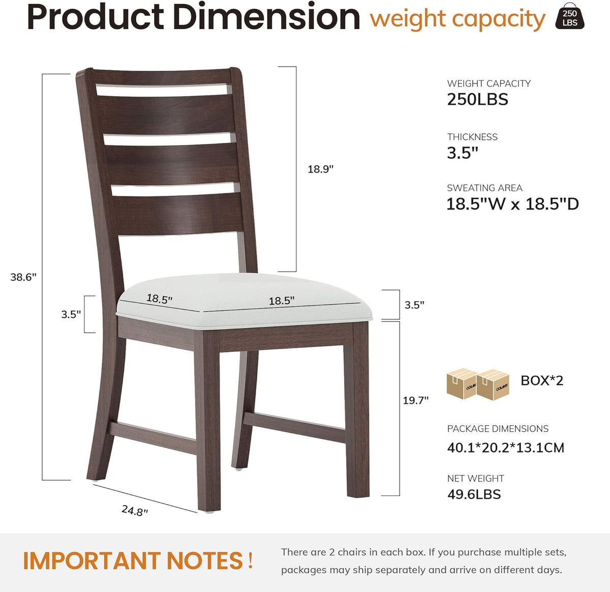 COLAMY Wooden Dining Chairs Set of 4, Farmhouse Upholstered Dining Room Chairs with 3.5" Thick Cushion, FSC Solid Wood Ladder Back Kitchen Chairs for Home and Restaurant, Easy Clean,Brown