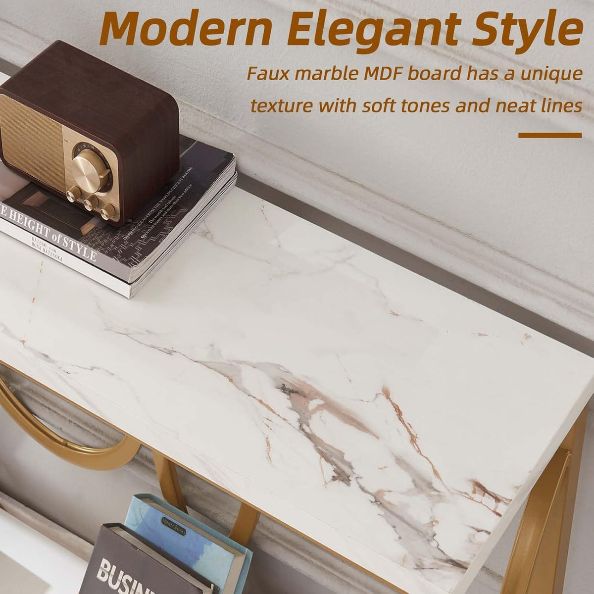 HOMISSUE 55 Inch Modern Entryway Console Table, White & Gold Faux Marble Top Engineered Wood Sofa Table with 2-Tier Open Storage, Entry Table for Hallway & Living Room