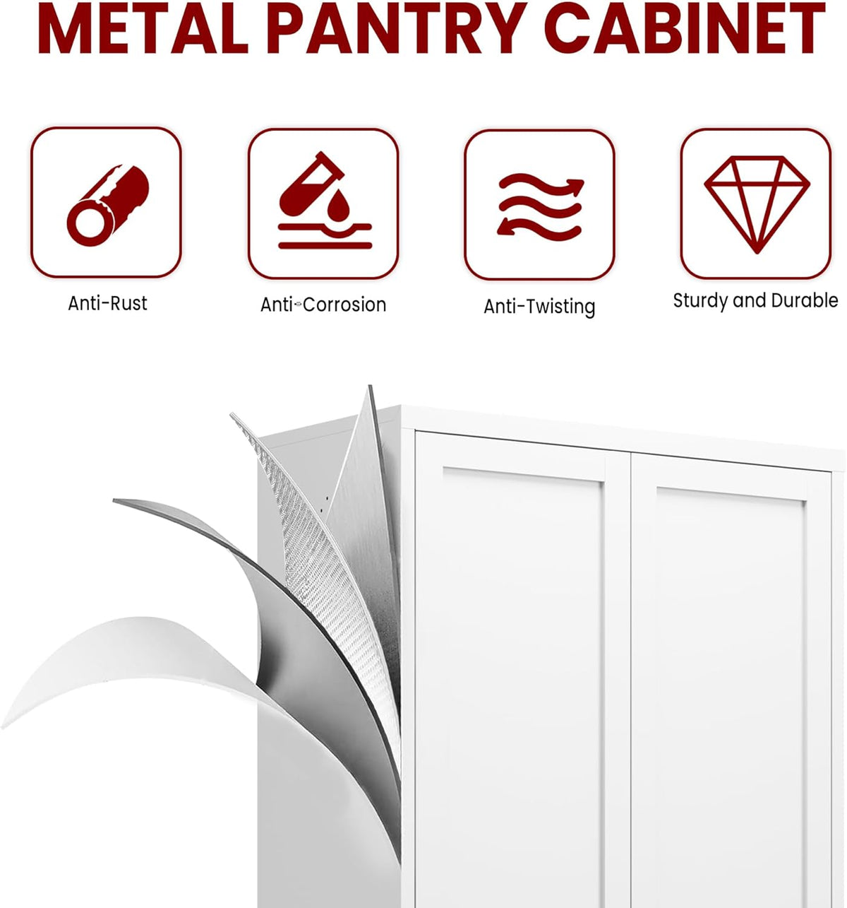 AQY Kitchen Pantry Cabinet,72" White Pantry Storage Cabinet with 5 Tier Adjustable Shelves and 2 Doors,Freestanding Cupboard,Metal Pantry Cabinets with Handle for Living Room Kitchen Assembly Required