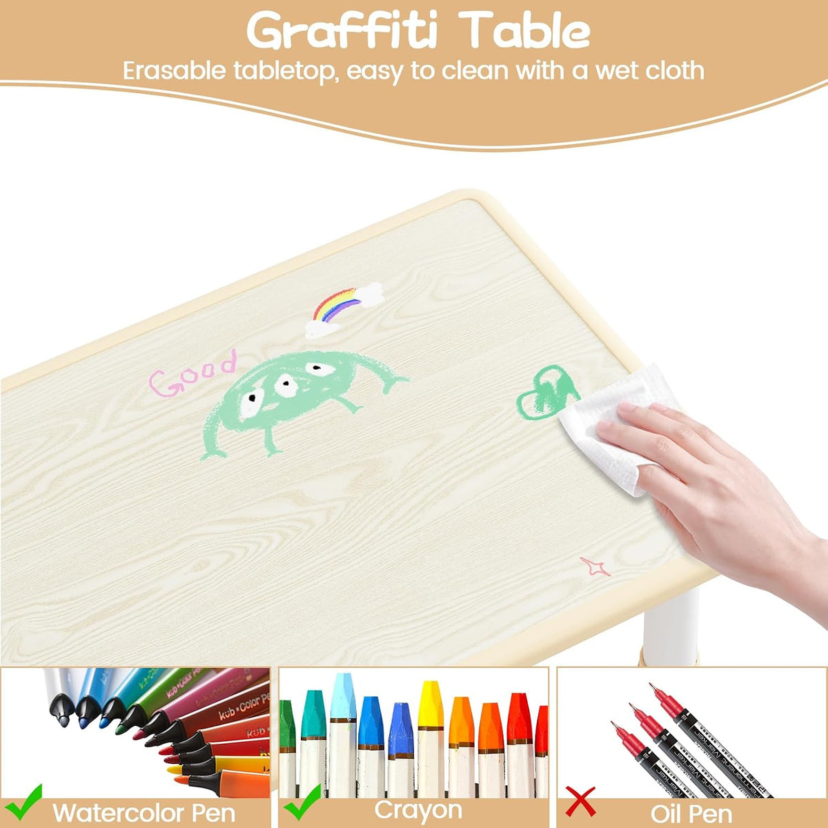 IDEALHOUSE Adjustable Height Kids Table and 2 Chairs Set – Writable Whiteboard Top, Non-Slip Legs, Easy to Clean, Ideal for Toddlers and Children Ages 2-10, Multi-Activity Table for Home, Nursery,