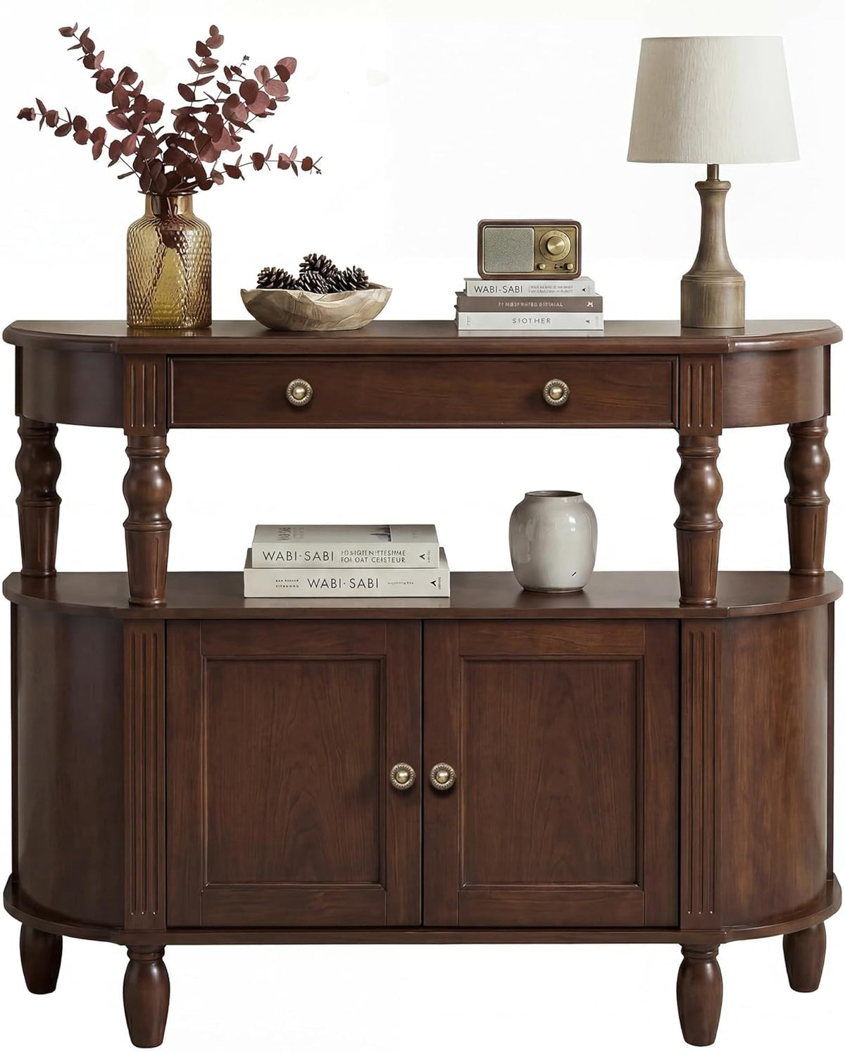 Curved Console Table with Solid Wood Legs, 47" Half Moon Sofa Table with Storage, Drawer & 2-Doors, Real Wood Veneer, Adjustable Shelf, Anti-Tip, Entryway Table for Living Room/Hallway,Walnut