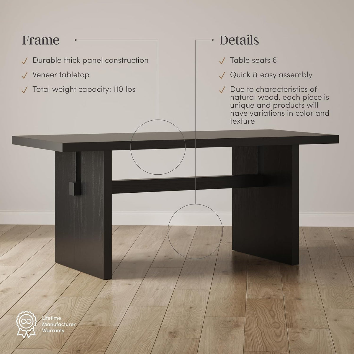 Nathan James Briggs Modern Dining Table for 6, Small Rectangle, 6-Person Black, Solid Wood in Black Oak