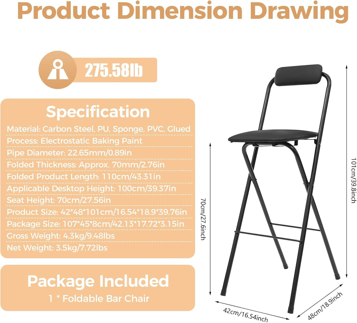 Folding Stool, Cushioned Padded Folding Stool Portable Bar Stool with Back for Camping Kitchen Home Office, Tall Bar Collapsible Stools (Black, 1Pcs 27.56in)