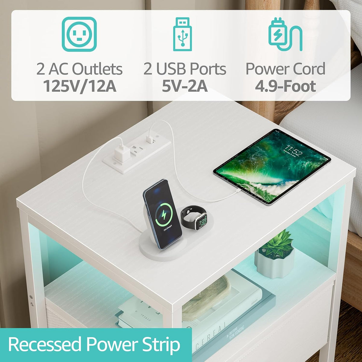 BOLUO White Nightstand with Charging Station, LED Night Stand with Fabric Drawers and Shelf, Bedside Table with USB Ports and Outlets, Bedroom Nightstand Modern