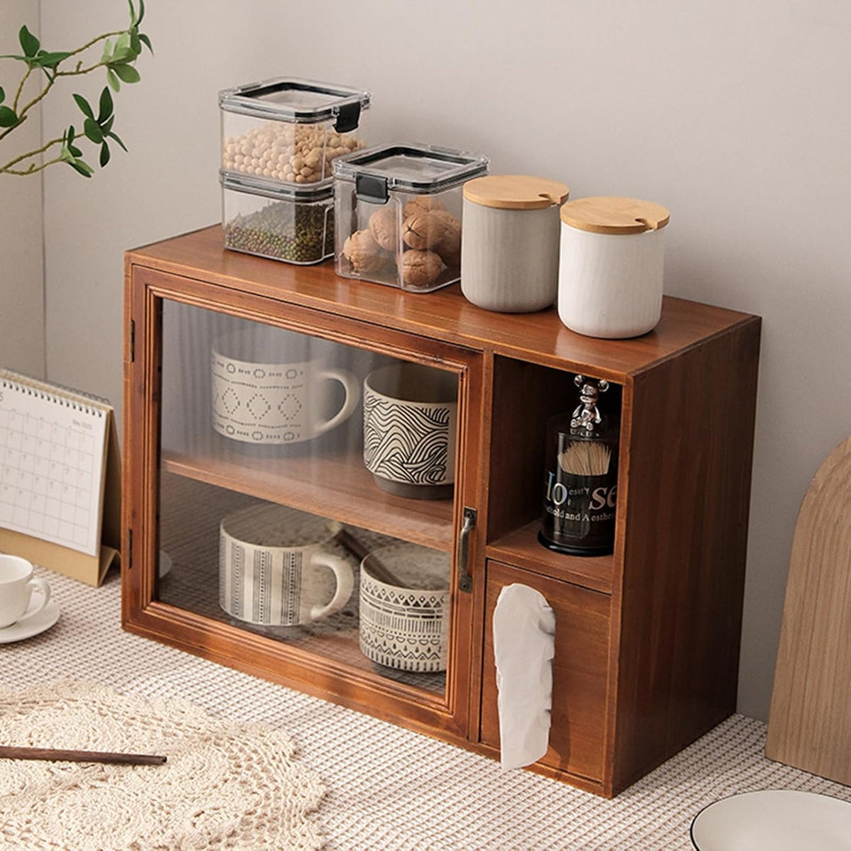 Gdrasuya10 Wooden Countertop Storage Cabinet Kitchen Small Pantry, Kitchen Countertop Organization Storage Shelf Pantry with Door Tabletop Countertop Spice Rack for Dishs, Cups, Bowls