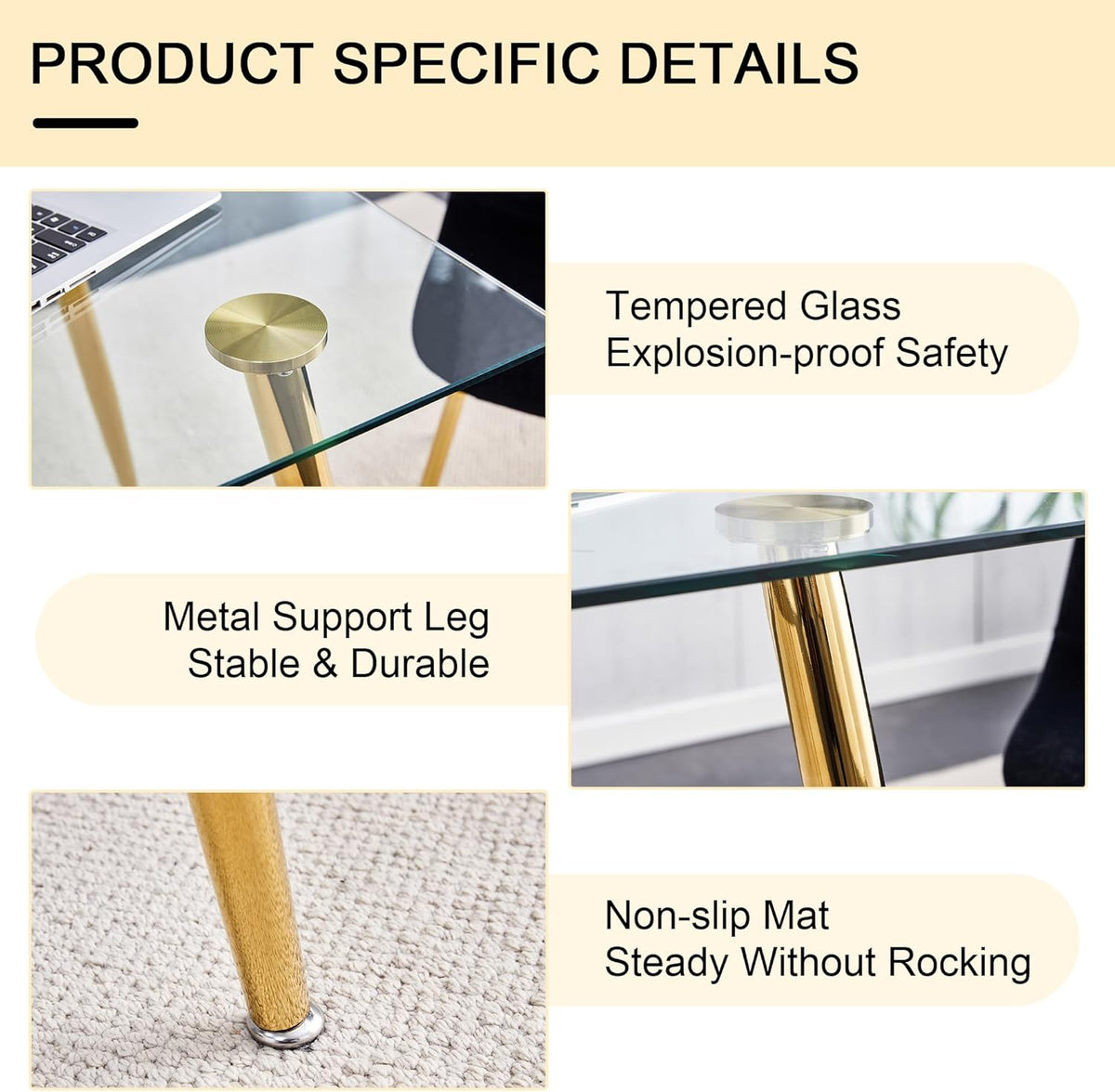 Baysitone 51 inch Glass Dining Table Set for 6, Dining Table & Chair Sets with Gold Metal Legs for Kitchen, Modern Rectangle Tempered Glass Table Top&Transparent Plastic Dining Chair for Dining Room