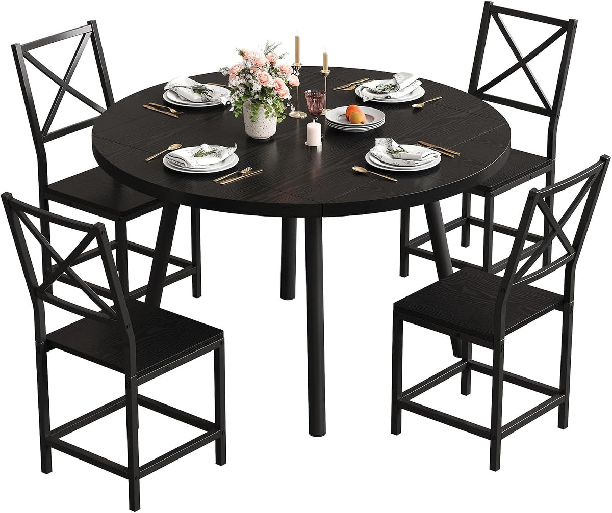 IRONCK Dining Table Set for 4, Round Kitchen Table and 4 Stool Chair for Dining Room, 44.5inch Drop Leaf Desk, Small Space Saving, Black