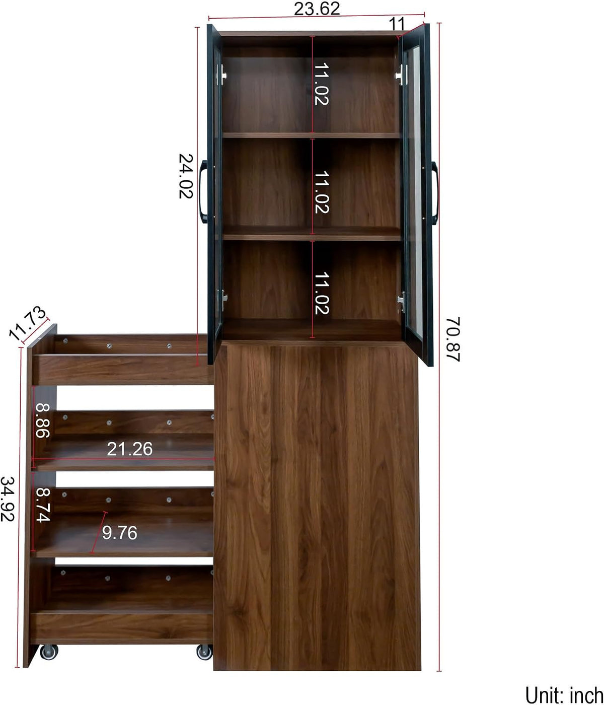 70.9" H Display Storage Cabinet , 4 Tier Multi-functional Pull-out Multi-tier Storage Shelf & 2 Glass Doors, Modern Wooden Kitchen Pantry Cabinet for Living Room or Kitchen and Dinning Room (Walnut)