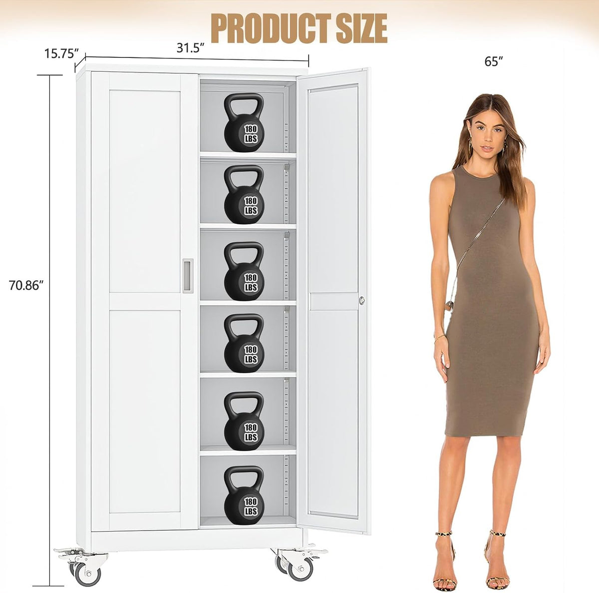 75" H Metal Pantry Storage Locker Cabinet with Wheels,Rolling Kitchen Pantry Cabinet with 2 Doors and 5 Adjustable Shelves, Lockable Steel Garage Tool Cabinet Organization for Home,Gym,School,White