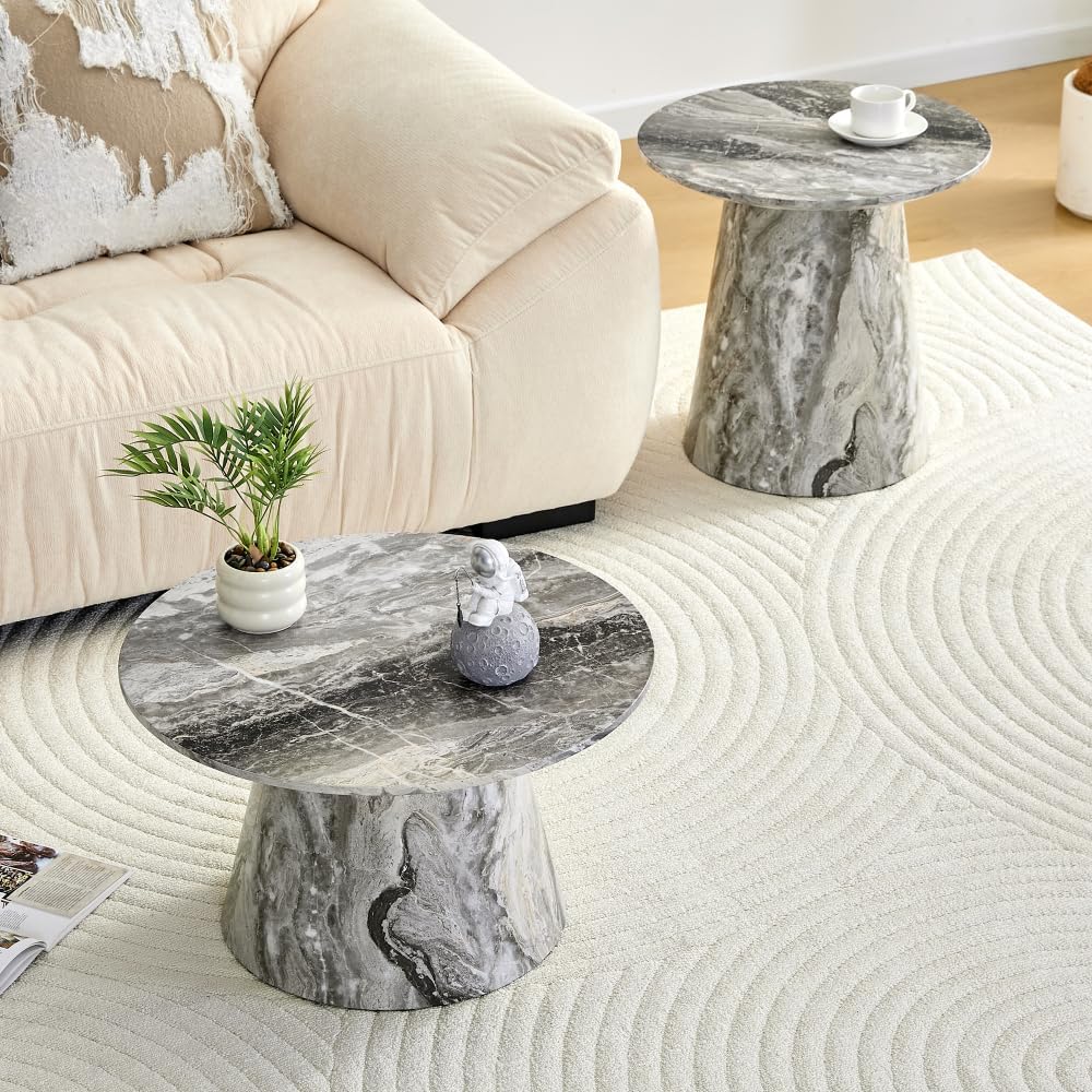 Nesting Coffee Table Set, Gray Veneer Round Tables, Mid-Century Modern | Round Coffee and Side Table Set for Living Room or Office with Space-Saving Nested Design and Gray Veneer Finish