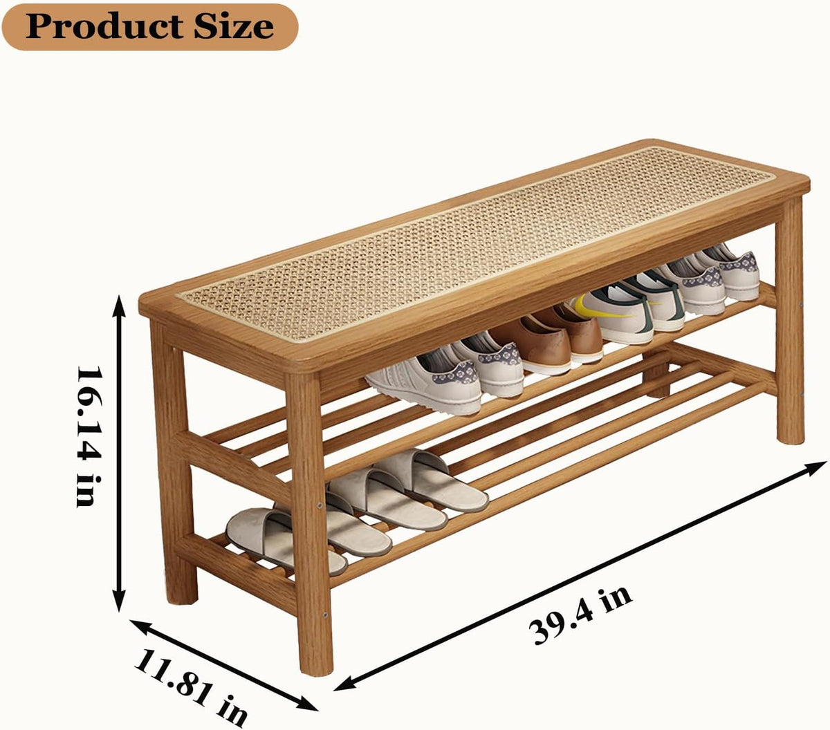 SOBIBO Bamboo Shoe Rack Bench with Rattan Seat, 3-Tier Shoe Storage Bench, Entryway Bench for Hallway,Nature-39.4 inches