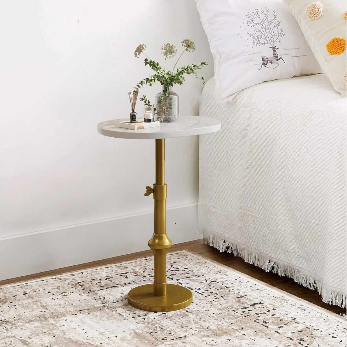 WHGBJA Adjustable Drink Table, 10"x12"x(22“~30") Martini Table with Metal Antique Brass Stand Base, Drink Tables for Small Spaces, Living Room, Bedroom, Or Office (White)